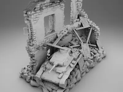 A tank near the ruins 3D print model