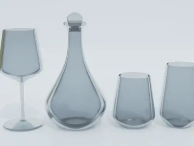 Glass Set of glasses and wine bottle on table 3D model