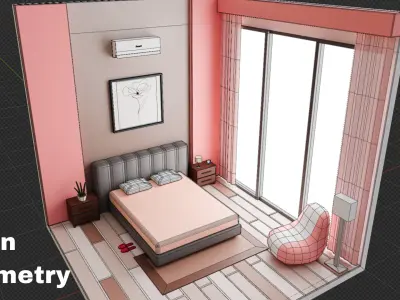Low Poly Interior Bedroom Low-poly 3D model