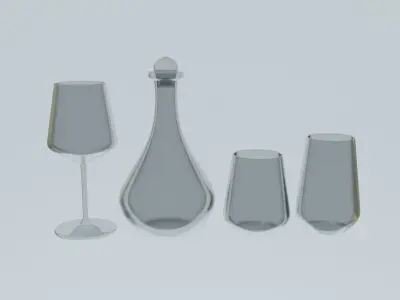 Glass Set of glasses and wine bottle on table 3D model