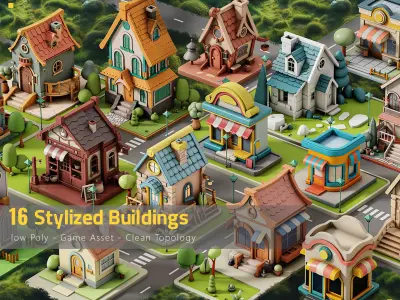 16 Stylized Building - kitbash Low-poly 3D model