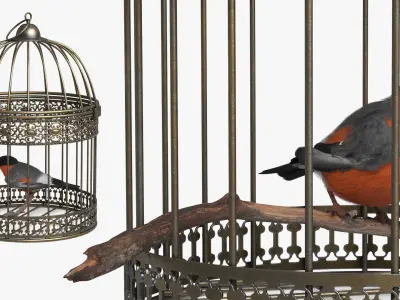  Vintage Cage with Perched Bird on Branch Brass 