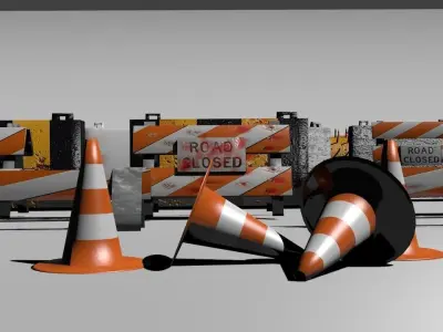 Road blocks and signs Low-poly 3D model