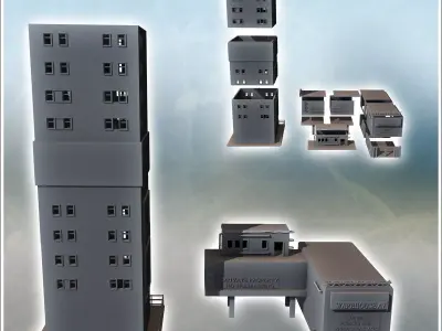 Set of two industrial buildings with a large tower and warehouse 3D print model