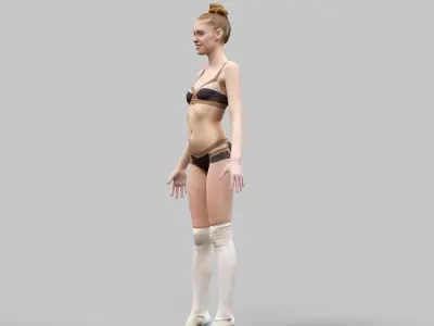 Girl in Brown Beige Bikini and Fluffy Boots Rigged Low-poly 3D model