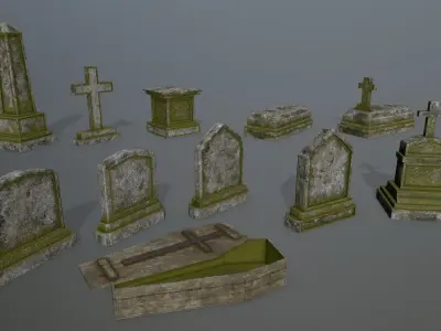 Tombstone Set stone column Low-poly 3D model