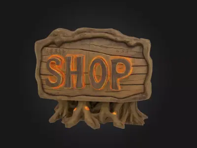 Ancient Wooden Shop Sign with Glowing Runes Low-poly 3D model