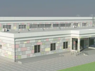 Kindergarten 3D model building in middle of field Low-poly 3D model