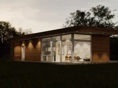 EXTERIOR tiny house in field at dusk 3D model