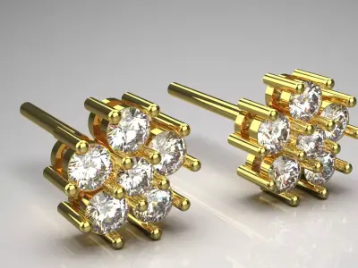 Diamond Cluster Yellow Gold Stud 3D STL Earrings je0040 3D print model