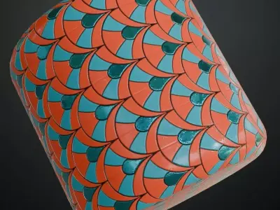 Modern Art Deco Tricolor Fan Mosaic Tiles PBR Seamless Texture