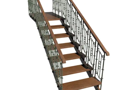 Stairs wooden staircase with metal railings 3D model