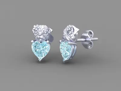 Pug Dog Stud Earrings with Heart Shaped Gems 3D Jewelry Design 3D print model