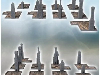 Set of nine urban brick chimneys with roof 4 - Modern WW2 WW1 Wo 3D print model