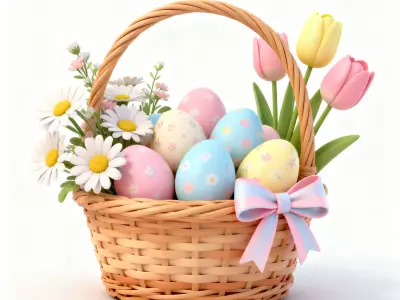 3D WOODEN EASTER BASKET WITH  EGGS AND SPRING FLOWERS V01 Low-poly 3D model