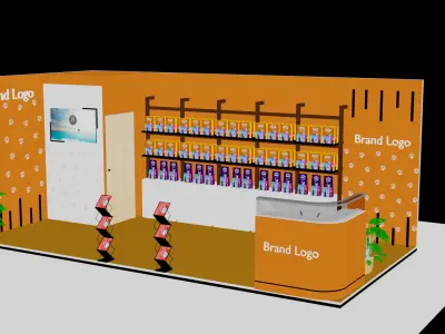 Compact pet food display booth with orange branding accents 3D model