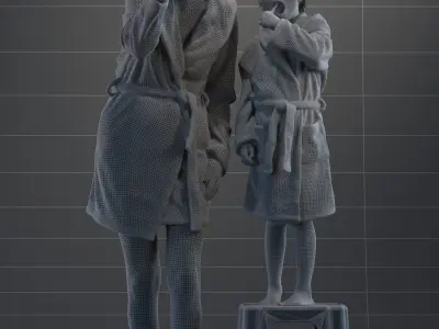 Pre-posed 3D mother and daughter brushing their teeth  3D model