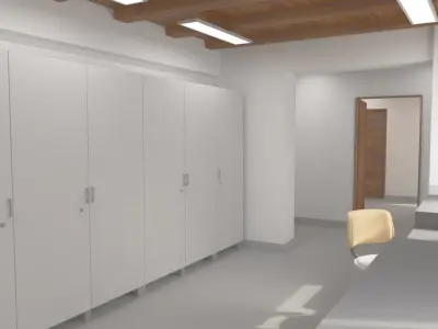 Workshop hallway with cabinets and windows 3D model