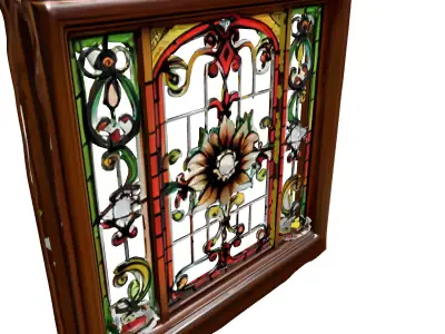 Ornate Stained Glass Window Wood Frame Low-poly 3D model
