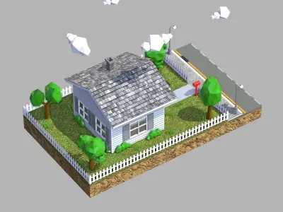 Low Poly House with fence Low-poly 3D model