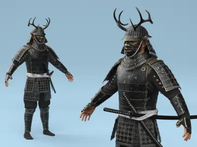  Armored Samurai Character With Antler Helmet 