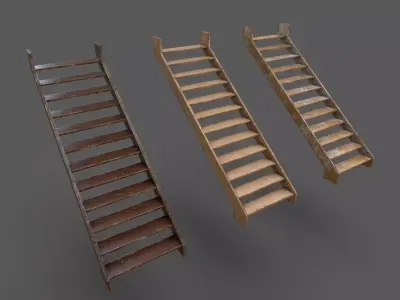 Pack 3 Old Wood Stairs Low-poly 3D model