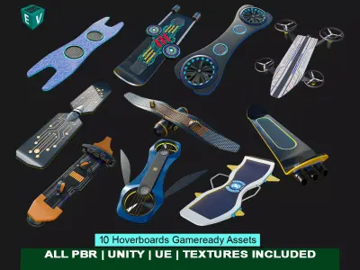 10 Sci Fi Hoverboards All PBR Unity UE Textures Included 3D Model Pack