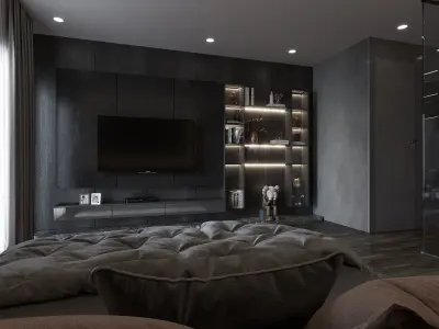 Black modern bedroom interior scene with corona render 3D model
