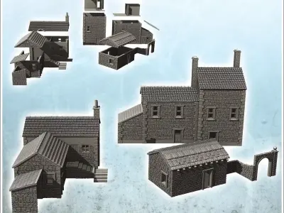 Set of three traditional European stone buildings with farm and  3D print model