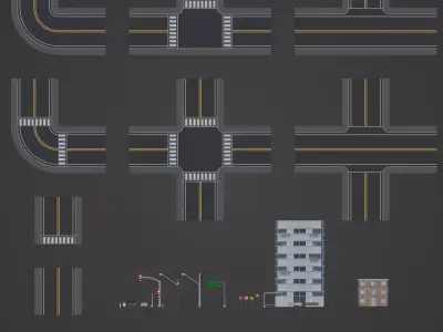 Modular Streets with over 40 urban props Low-poly 3D model