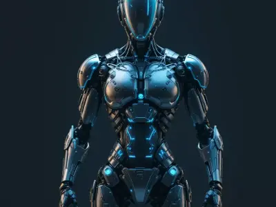 Humanoid sci-fi robot with glowing blue 3D model