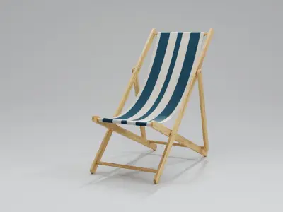 Wooden Folding Beach Chair with Blue and White Striped Seat 3D model
