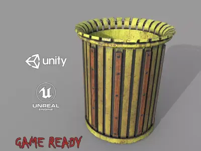 PBR Yellow Metal Trashbin Low-poly 3D model