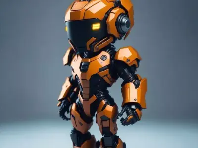 Orange Mech Robot 3D Model Glowing Eyes Chibi Design Low-poly 3D model