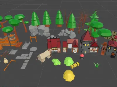 LowPoly Village wagon in grassy field Low-poly 3D model