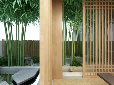 Wooden Gazebo with Tea Set with Greenery 3D model