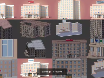 Cartoon Building -- University School Hotel Hospital 3D Model Pack