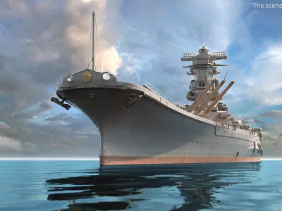  Japanese Battleship Yamato with Raised Guns on Water 