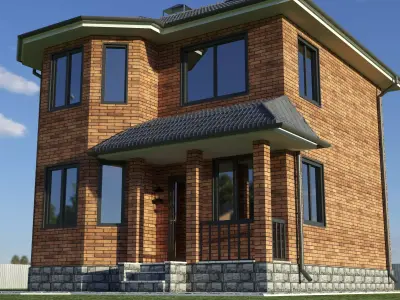 House 3 brick on grassy field 3D model