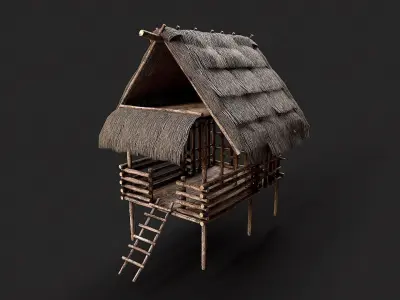 Primitive Wooden Shelter with Thatch Roof 3  Low-poly 3D model