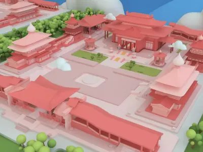 Low poly Chinese architecture with interior Low-poly 3D model