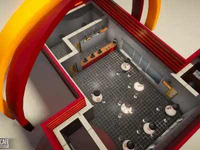 Fast Food Cafe - building with interior Low-poly 3D model