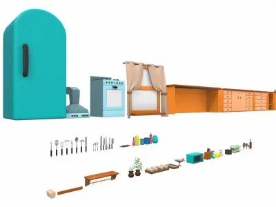 Isometric cartoon kitchen room 01 3D model