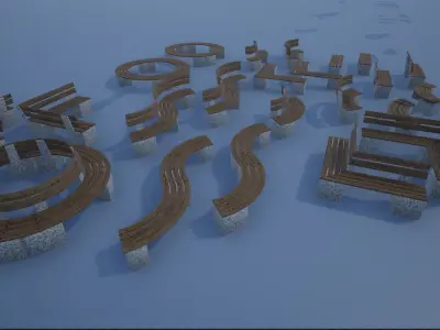 Stone-Wooden Bench Collection Low-poly 3D model