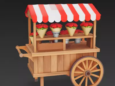 Romantic Wooden Flower Stall Cart 3D Model Low-poly 3D model
