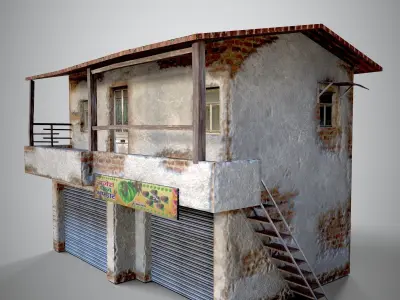 Realistic Old Indian Shop House Urban Two Floor Building Low-poly 3D model