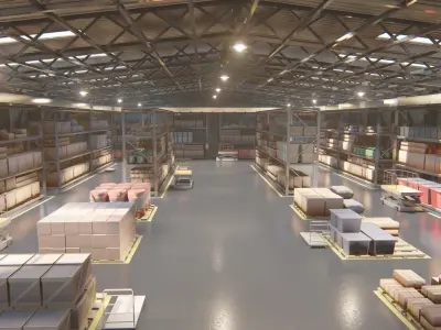Warehouse filled with boxes and pallets Free 3D model