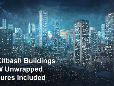 50 City Buildings Scifi Kitbash Set Low-poly 3D model