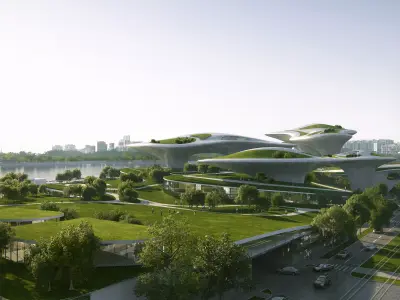 Futuristic Waterfront Cityscape with Landmark Tower 3D model