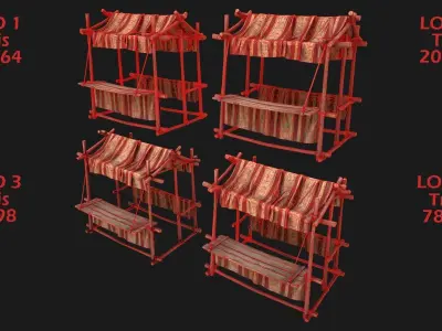 Medieval  Fair Stall Red  Low-poly 3D model